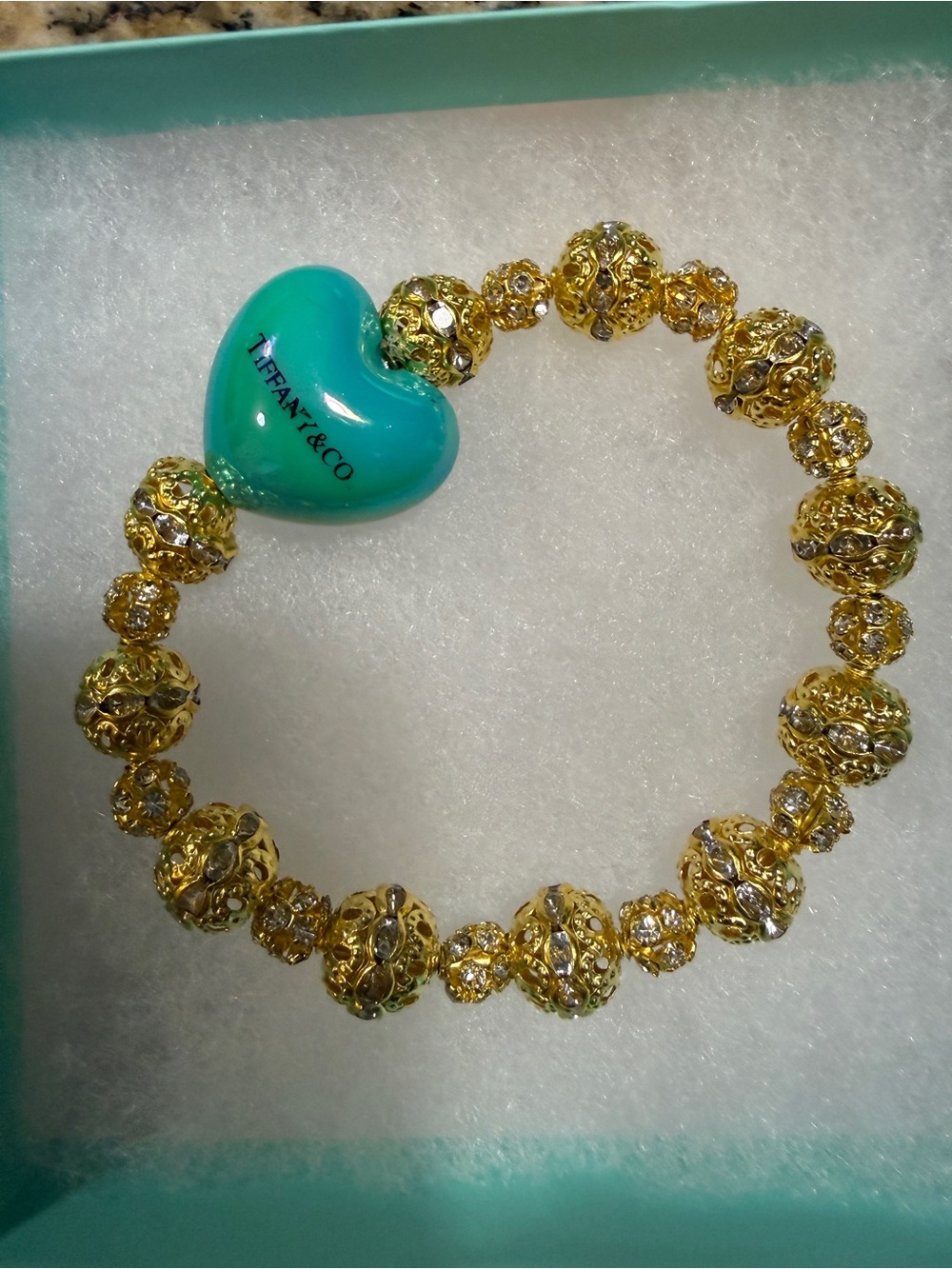 Tiffany & Co. inspired Gold Filigree Bead Bracelet with Turquoise Heart Charm#no